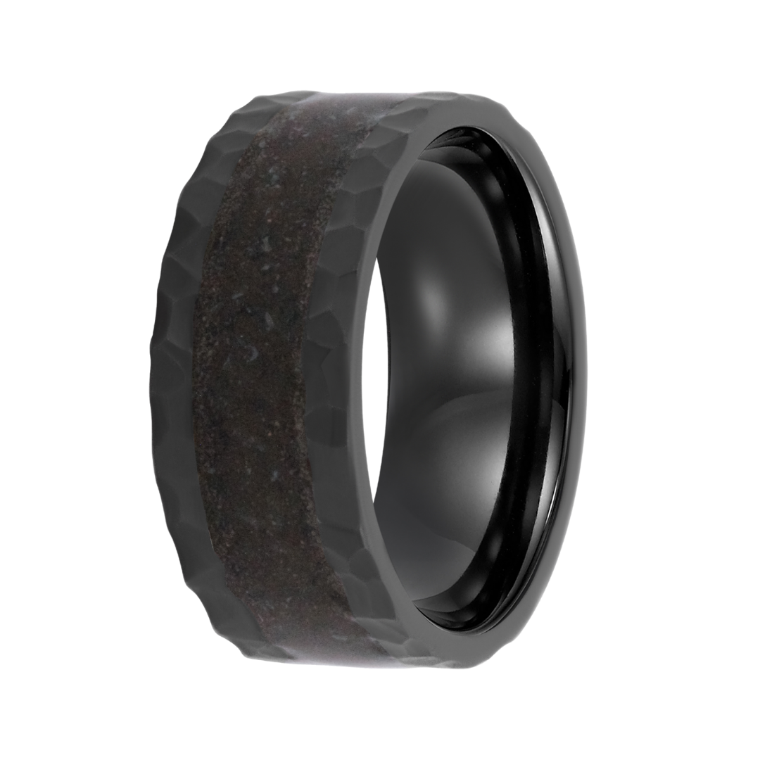 9mm Hammered Zirconium Men's Wedding Band - Dinosaur Bone Center Inlay Design by Heavy Stone Rings