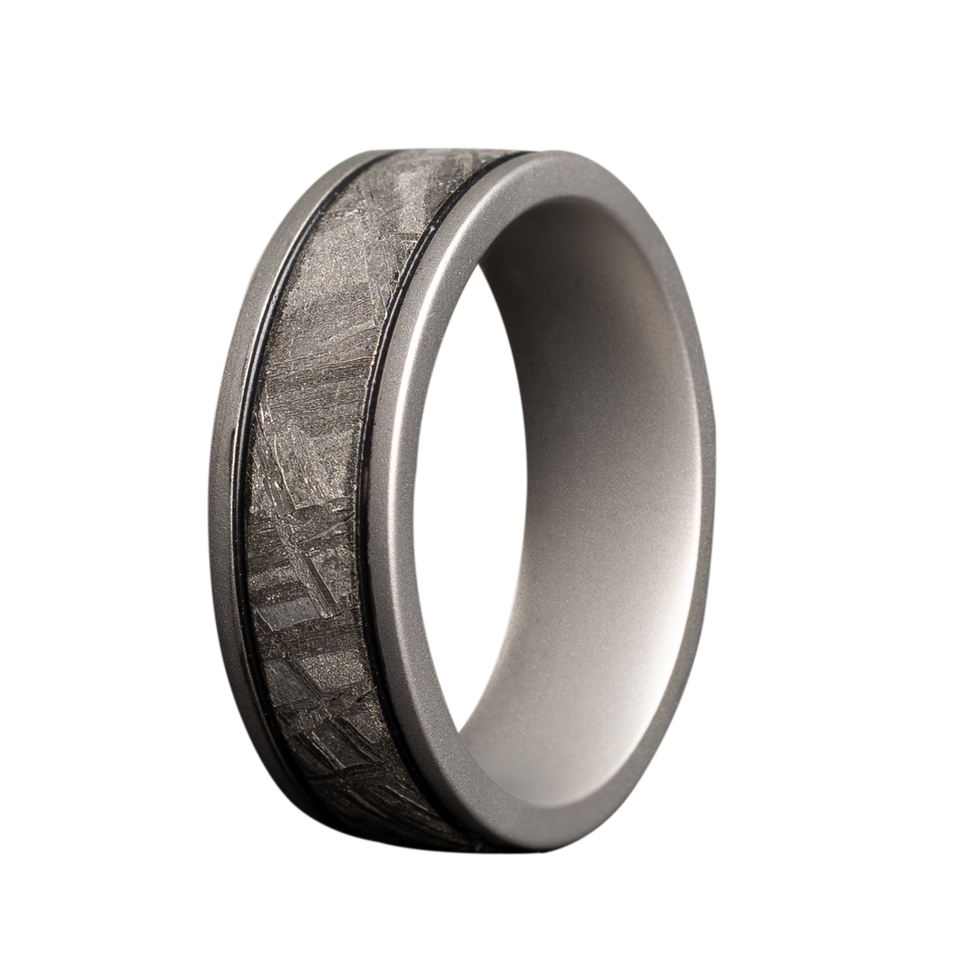 7mm Cobalt Matte Men's Wedding Band - Black Cerakote and Meteorite Inlay Design by Heavy Stone Rings