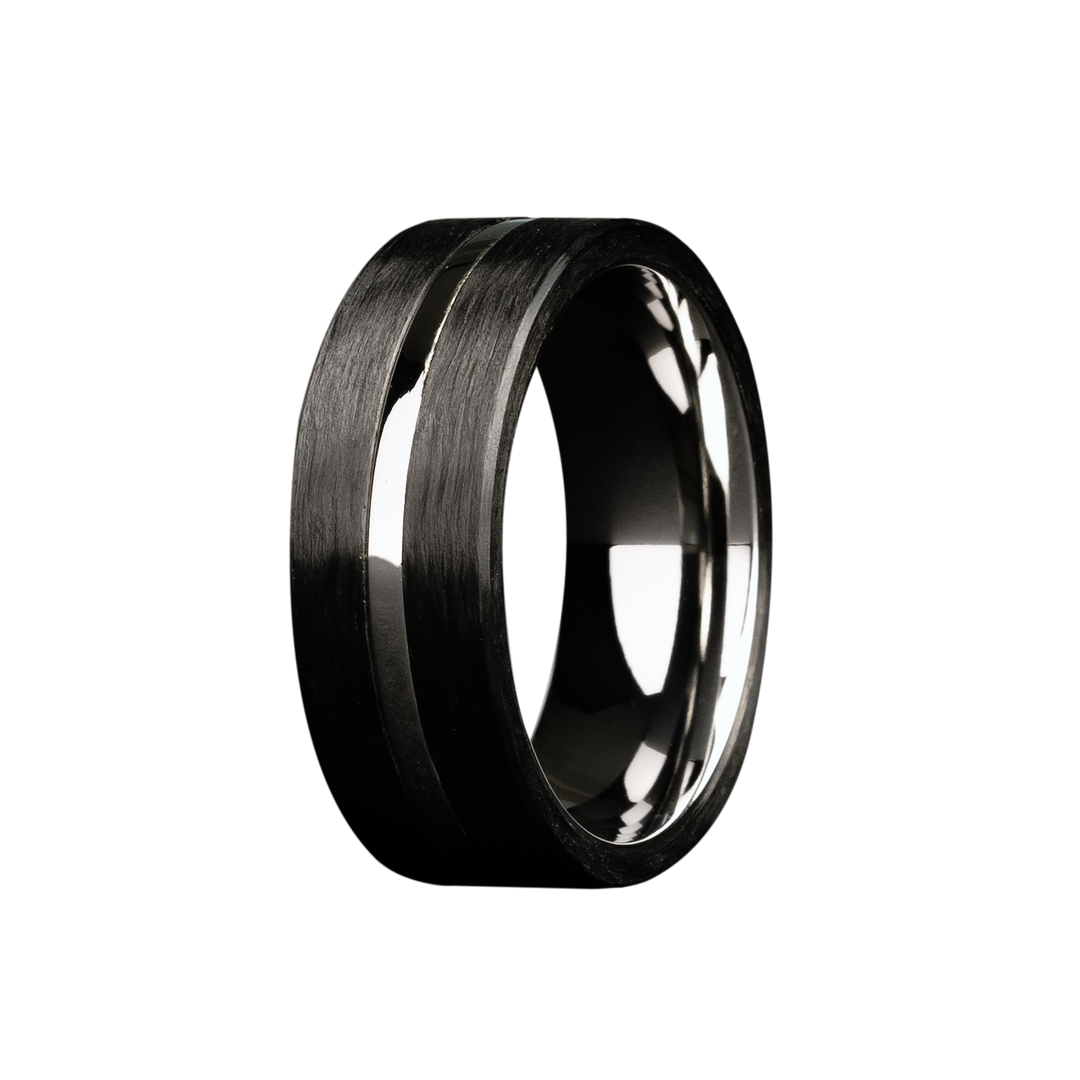 8mm Cobalt High Polish Men's Wedding Band - Carbon Fiber Overlay Design by Heavy Stone Rings