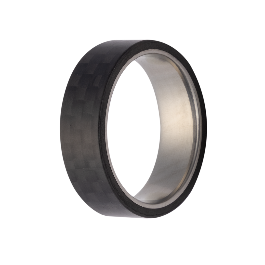 7mm Woven Carbon Fiber Overlay Men's Wedding Band - Titanium Interior Sleeve Design by Heavy Stone Rings