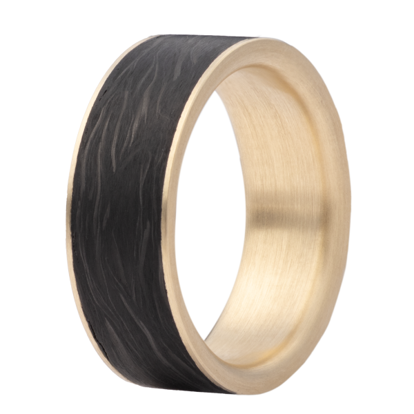 8mm Carbon Fiber Men's Wedding Band - 14K Yellow Gold Wrap Around Interior Design by Heavy Stone Rings
