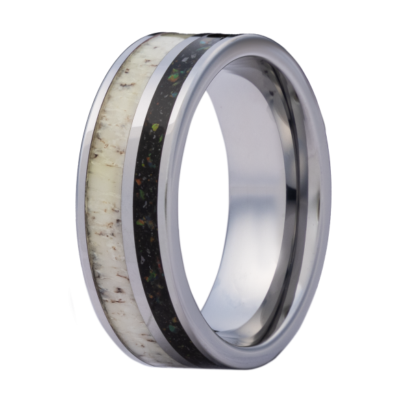 8mm Tungsten Men's Wedding Band - Elk Antler and Crushed Opal Dual Inlay Design by Heavy Stone Rings