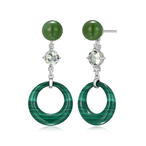 Sterling Silver Rhodium Plated Green Amethyst, Malachite & White Topaz Drop Earrings
