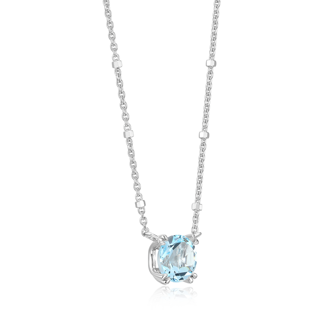 Sterling Silver Rhodium Plated Round Blue Topaz Sparkle Solitaire with 18" Chain