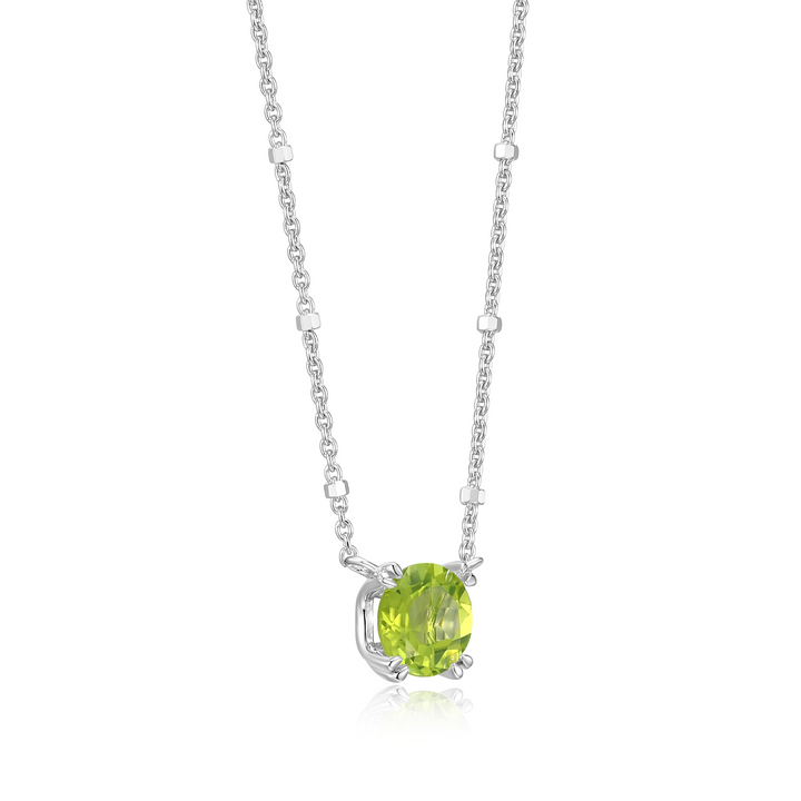 Sterling Silver Rhodium Plated Round Peridot Sparkle Solitaire with 18" Chain
