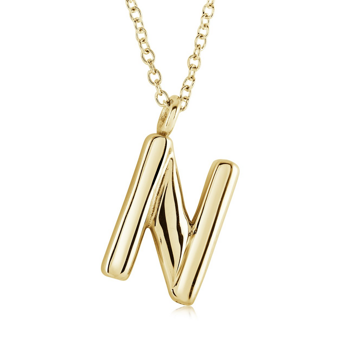 Yellow Gold IP Bubble Letter "N" Necklace