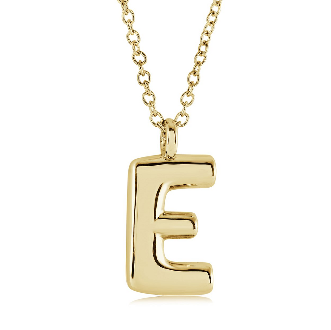 Yellow Gold IP Bubble Letter Initial "E" Necklace
