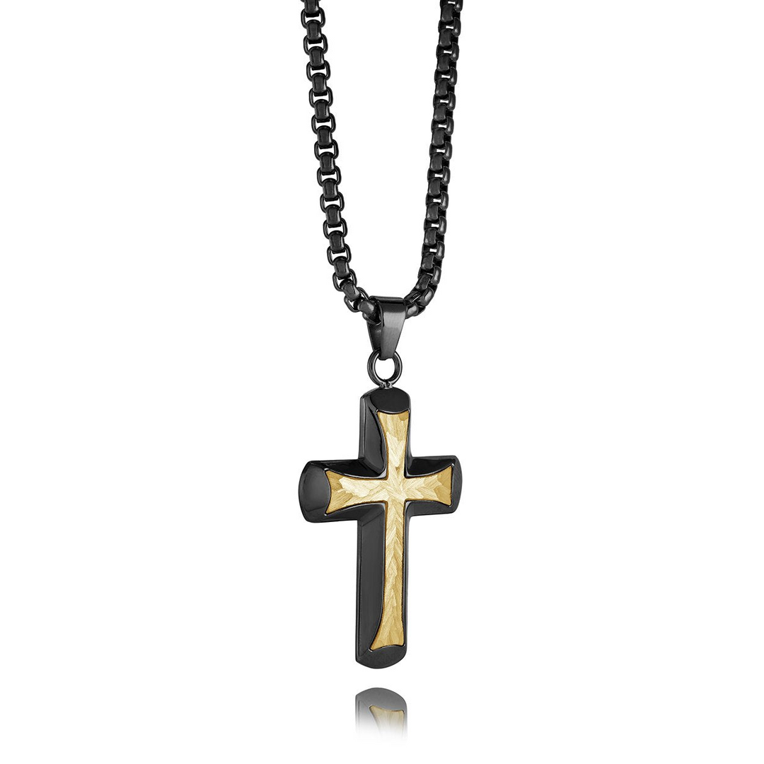 Black & Gold IP Hammered Cross Pendant Necklace
