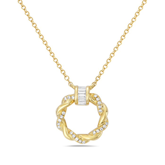 14K Yellow Gold Diamond Twisted Rope Circle Pendant Necklace with Adjustable 18" Chain