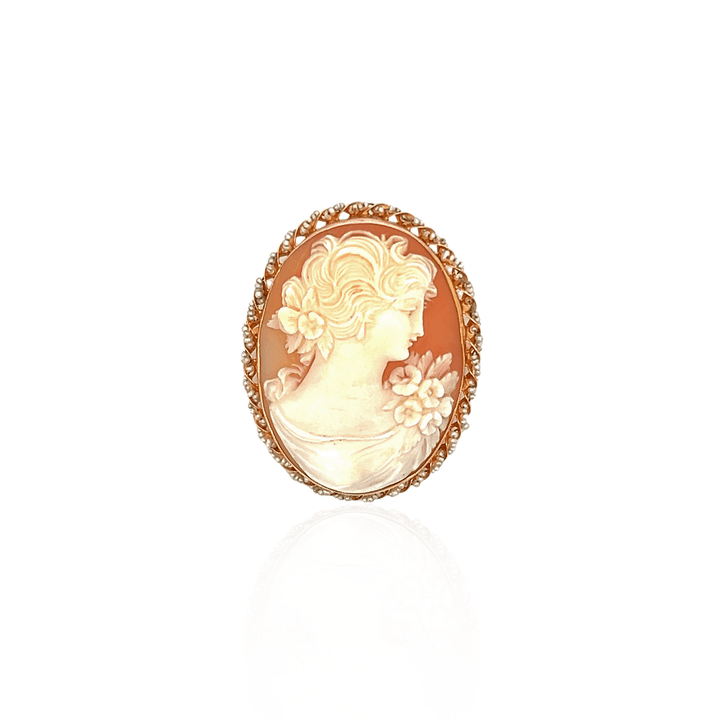 Estate 10K Yellow Gold Oval Shell Cameo & Seed Pearl Edwardian Brooch