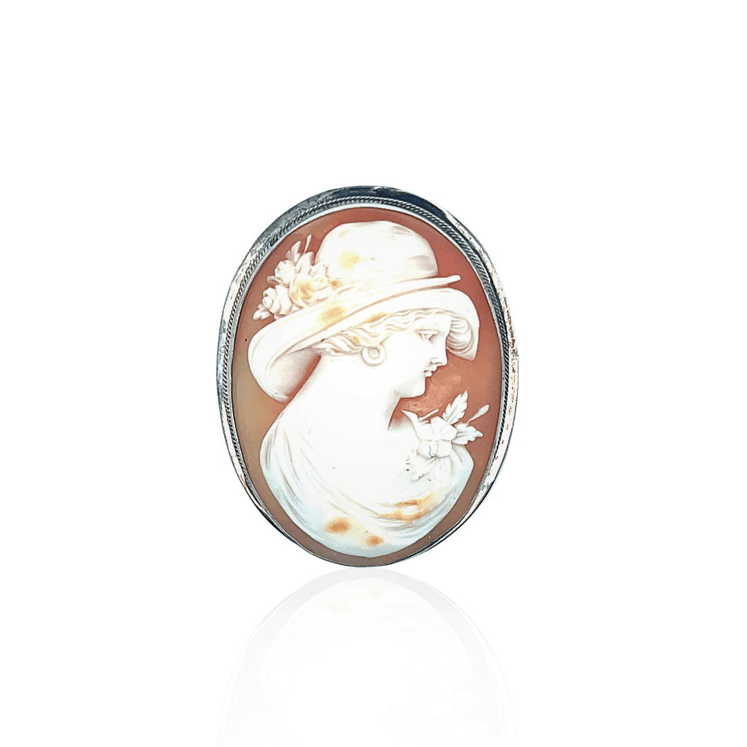 Estate 14K White Gold Shell Cameo Art Deco Brooch