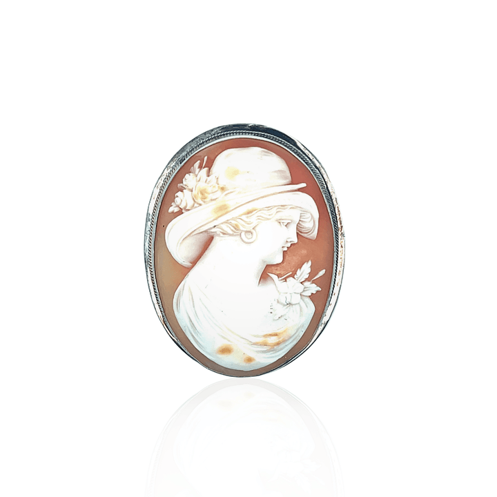 Estate 14K White Gold Shell Cameo Art Deco Brooch