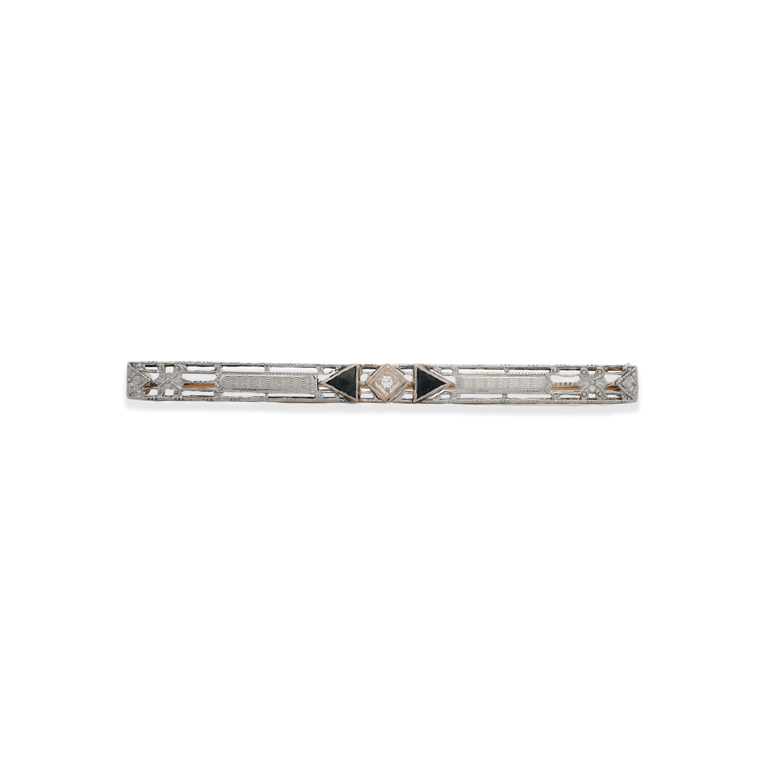 Estate 14K Two-Tone Gold Diamond & Black Glass Art Deco Bar Pin