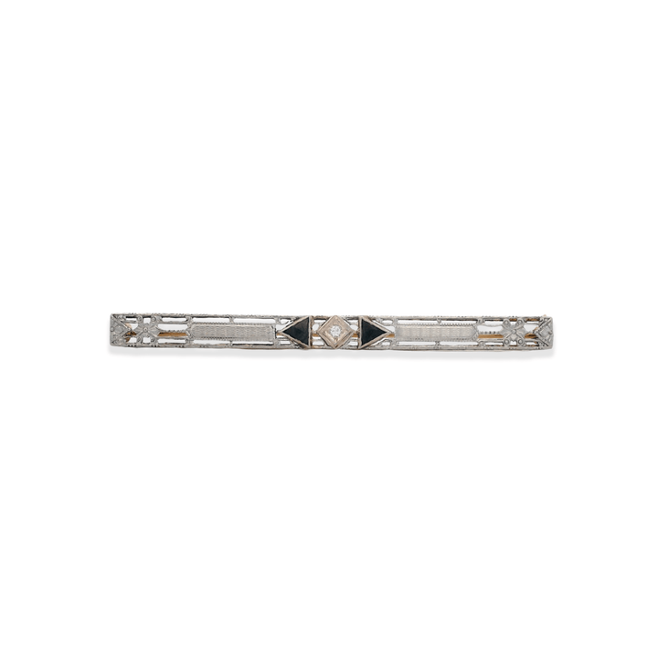 Estate 14K Two-Tone Gold Diamond & Black Glass Art Deco Bar Pin
