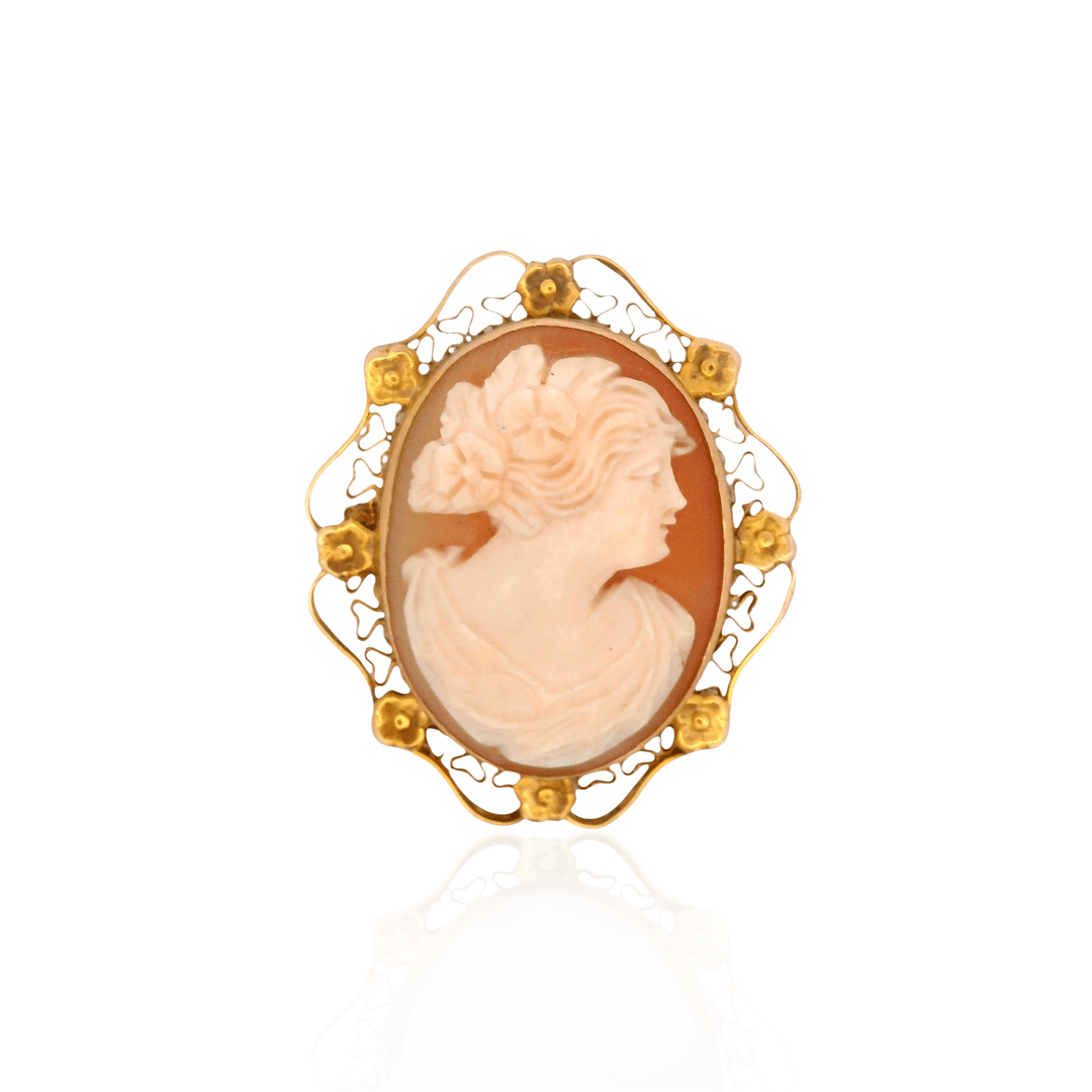 Estate 10K Yellow Gold Shell Cameo Victorian Floral Brooch