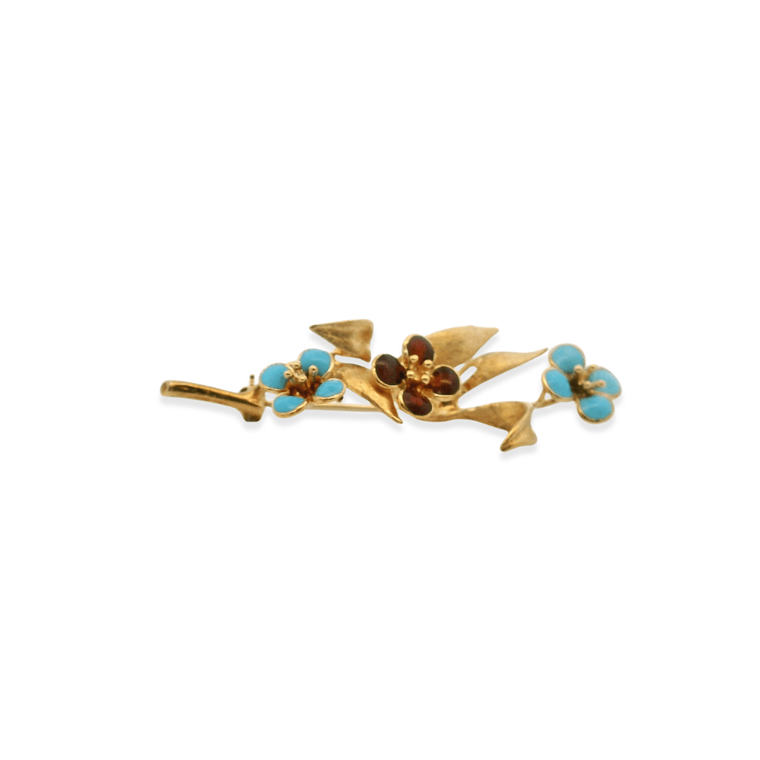 Estate 18K Yellow Gold Enamel Vintage Flower Pin