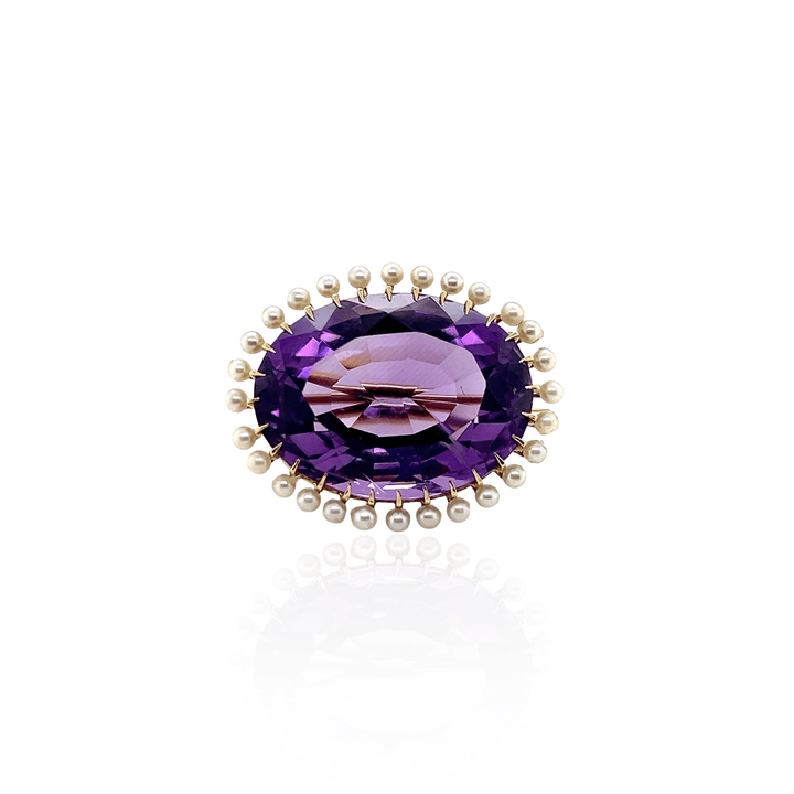 Estate 14K Yellow Gold Oval Amethyst and Pearl Victorian Brooch