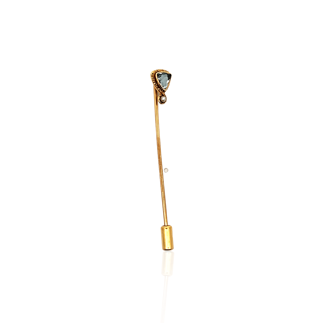 Estate 14K Yellow Gold Trillion-Cut Aquamarine & Pearl Stick Pin