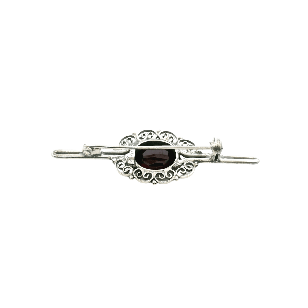 Estate Sterling Silver Oval Garnet Filigree Pin