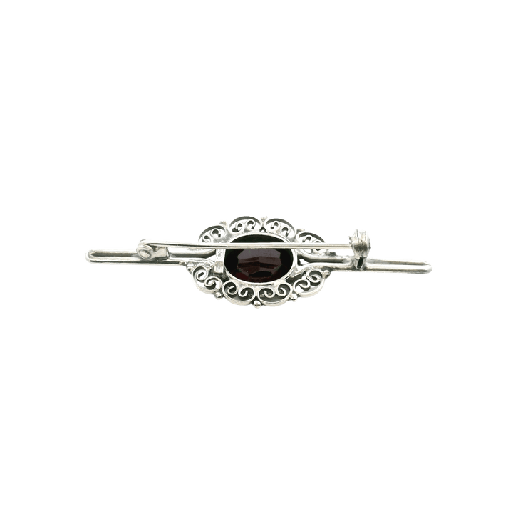 Estate Sterling Silver Oval Garnet Filigree Pin