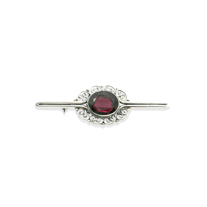 Estate Sterling Silver Oval Garnet Filigree Pin