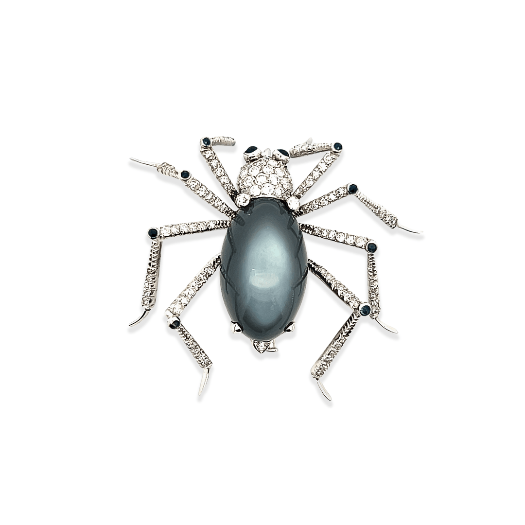 Estate 18K White Gold 41.84TCW Cabochon Moonstone, Diamond and Blue Sapphire Vintage Spider Brooch