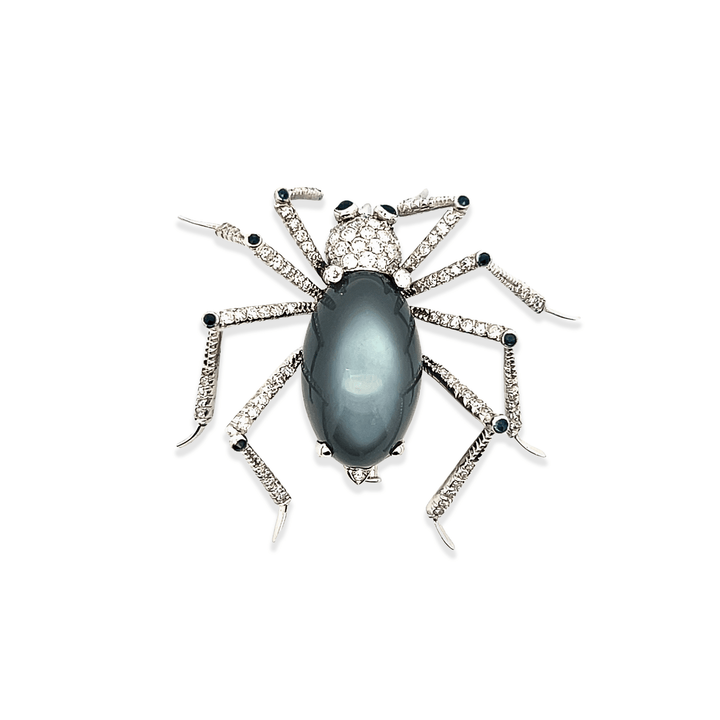 Estate 18K White Gold 41.84TCW Cabochon Moonstone, Diamond and Blue Sapphire Vintage Spider Brooch
