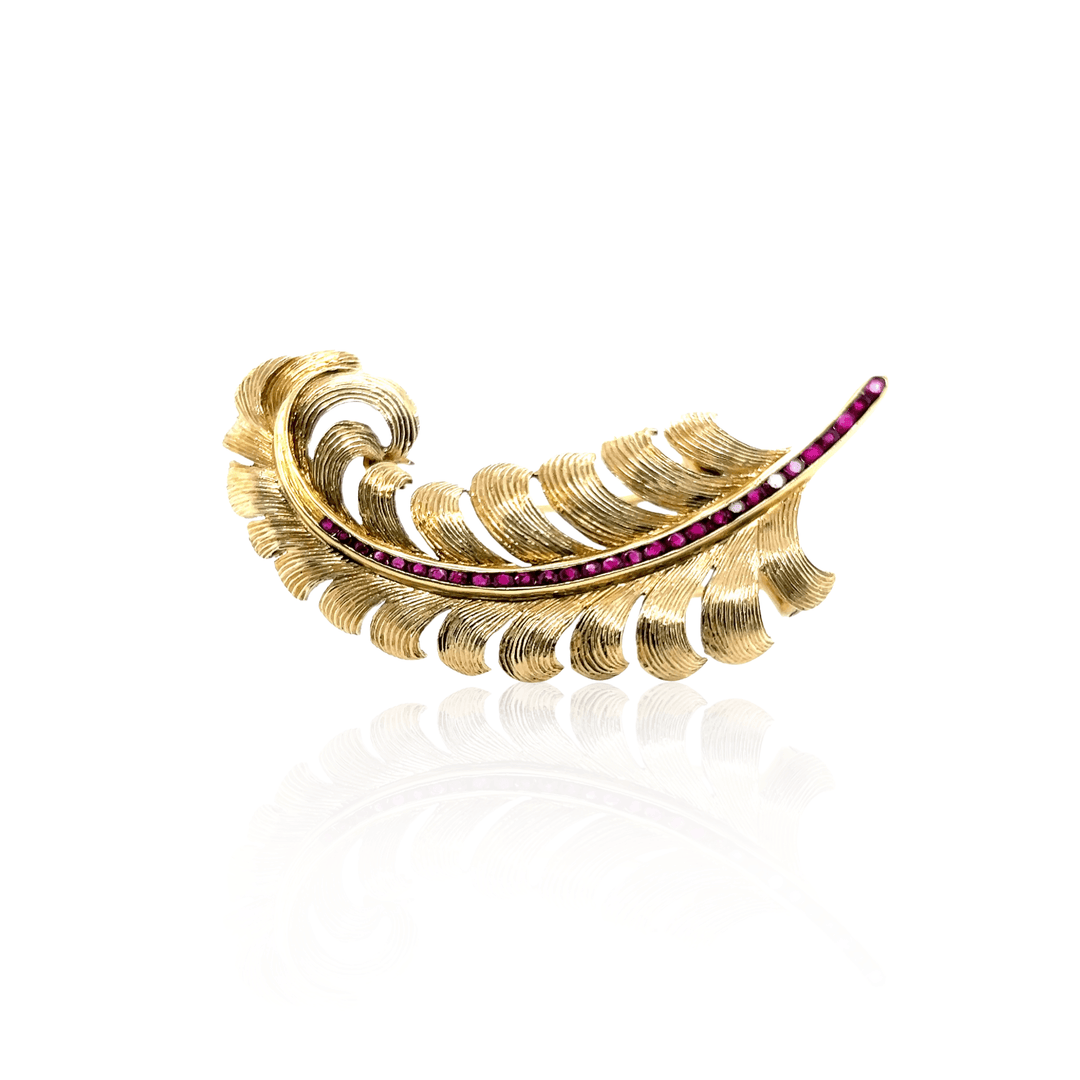 Estate 14K Yellow Gold 0.81TCW Ruby Vintage Feather Brooch