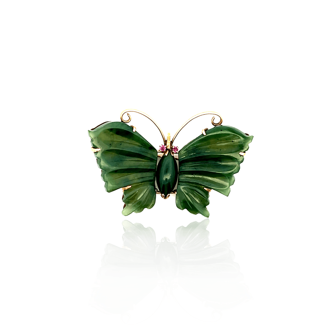 Estate 14K Yellow Gold Nephrite Jade Vintage Butterfly Brooch