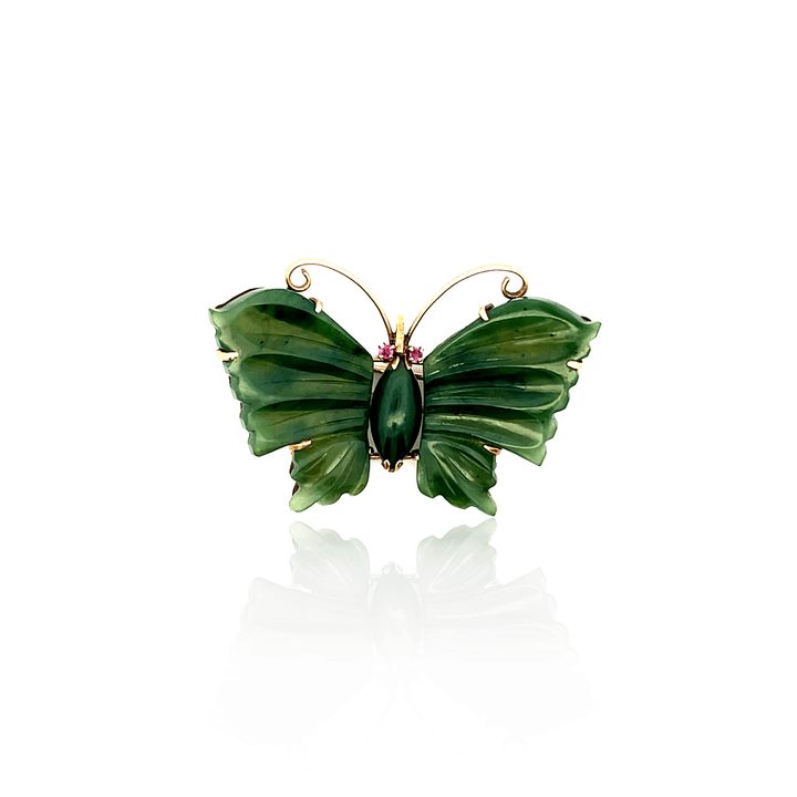 Estate 14K Yellow Gold Nephrite Jade Vintage Butterfly Brooch