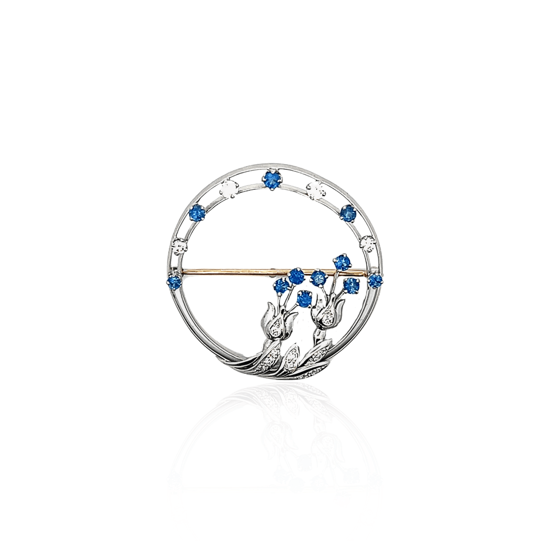 Estate Platinum 1.50CTW Diamond and Blue Sapphire Vintage Open Circle Floral Brooch