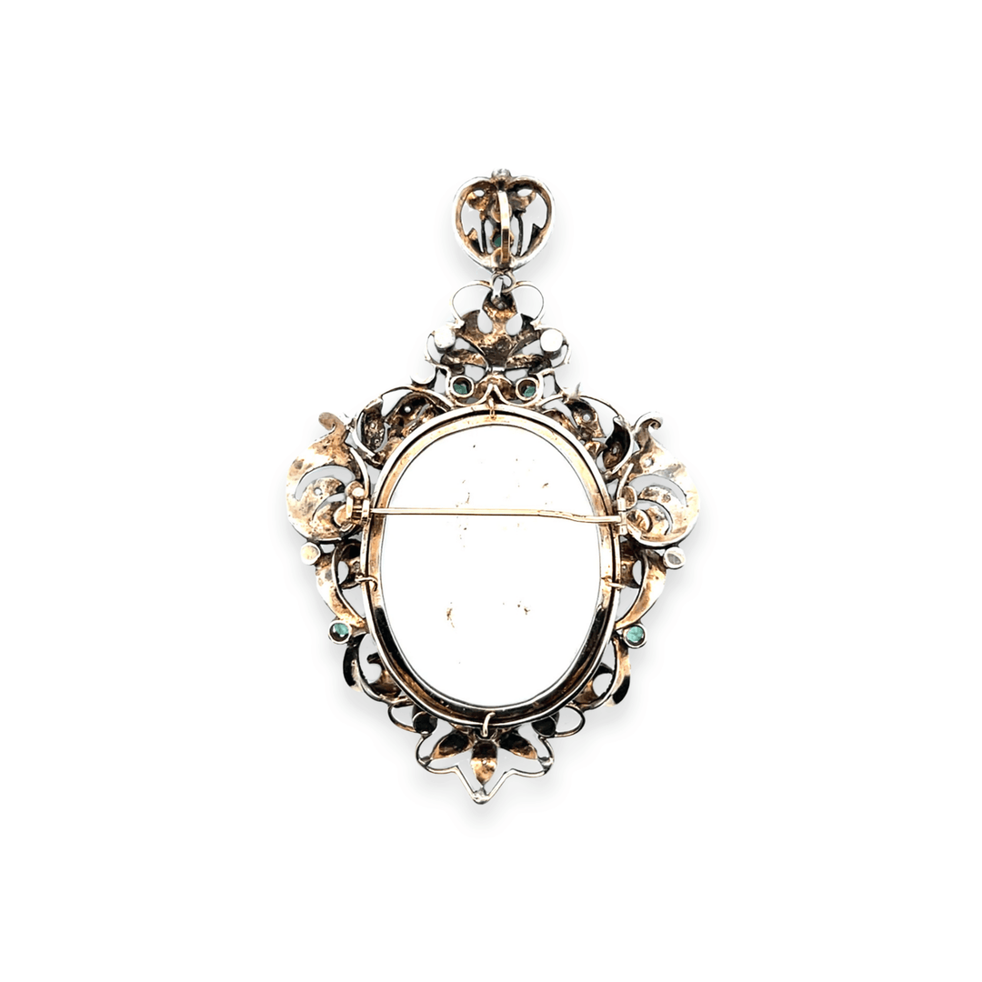 Estate 19K Yellow Gold Emerald & Silver Coral Cameo Victorian Pendant/Brooch