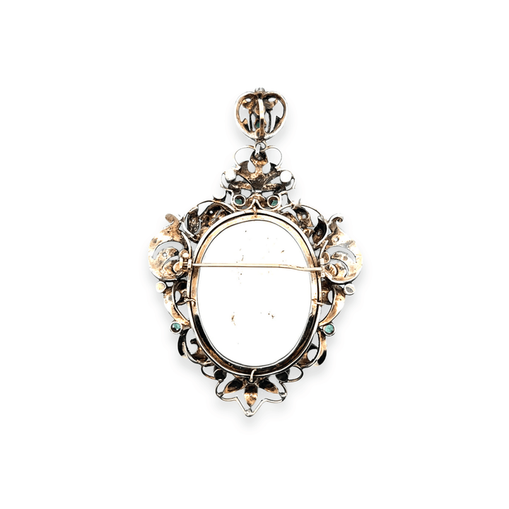 Estate 19K Yellow Gold Emerald & Silver Coral Cameo Victorian Pendant/Brooch