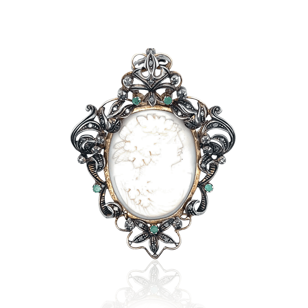 Estate 19K Yellow Gold Emerald & Silver Coral Cameo Victorian Pendant/Brooch