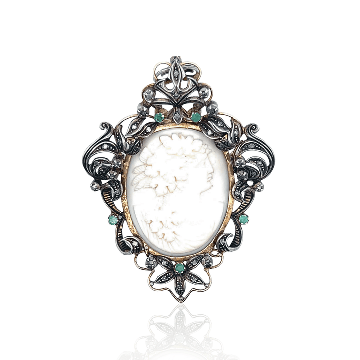 Estate 19K Yellow Gold Emerald & Silver Coral Cameo Victorian Pendant/Brooch