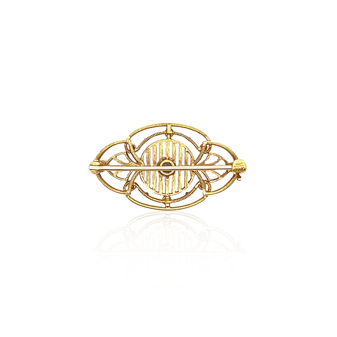 Estate Edwardian 14K Yellow Gold Blue Sapphire & Seed Pearl Filigree Brooch