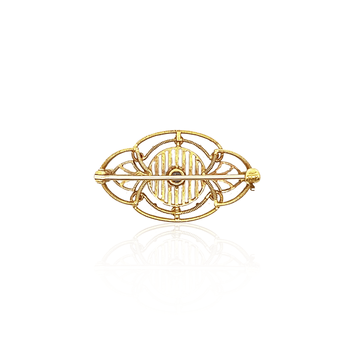 Estate Edwardian 14K Yellow Gold Blue Sapphire & Seed Pearl Filigree Brooch