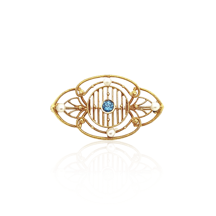 Estate Edwardian 14K Yellow Gold Blue Sapphire & Seed Pearl Filigree Brooch