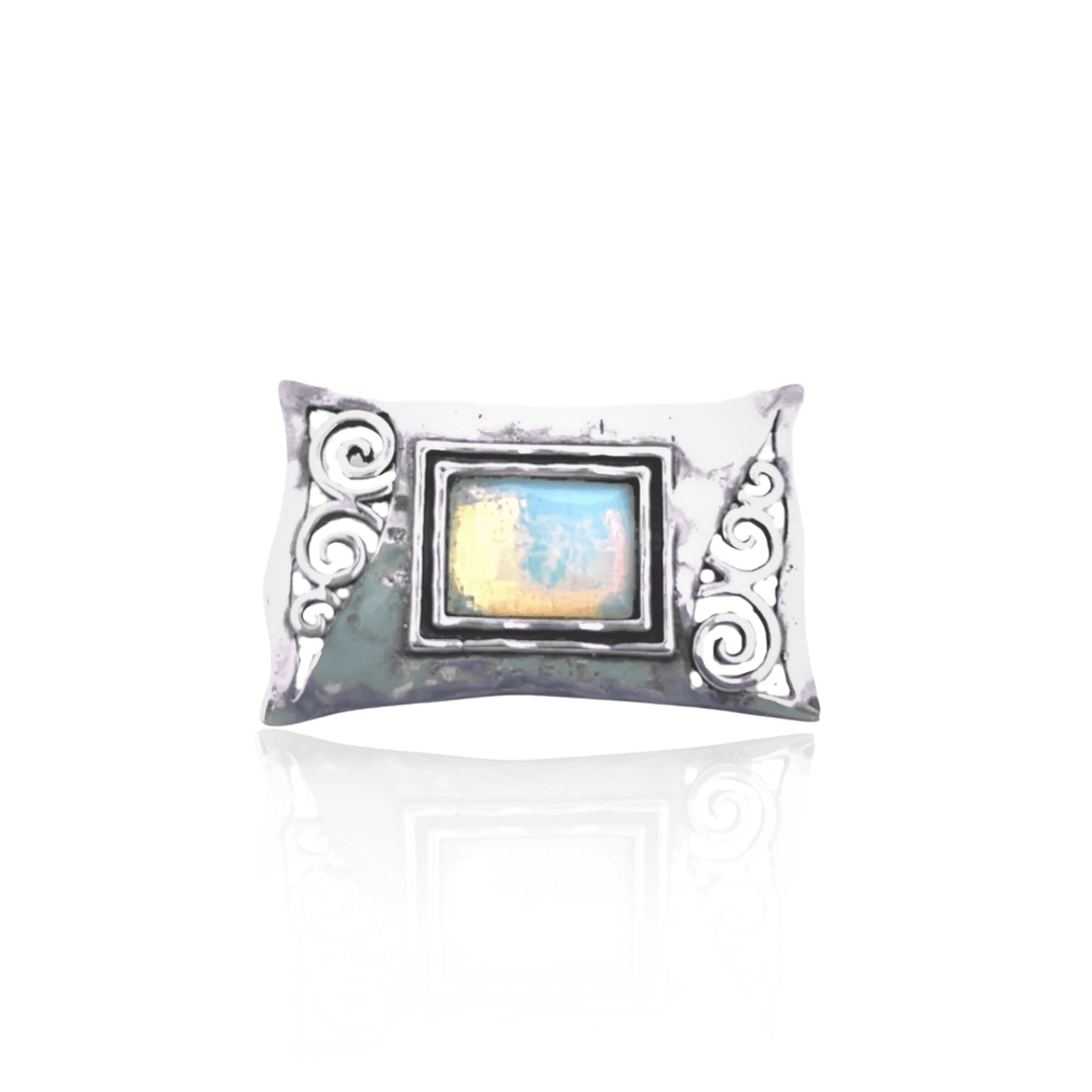 Estate Sterling Silver Faceted Rectangle Opalite Glass Scroll Brooch
