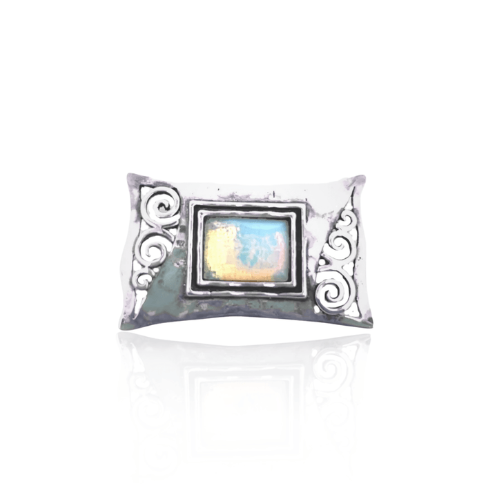 Estate Sterling Silver Faceted Rectangle Opalite Glass Scroll Brooch