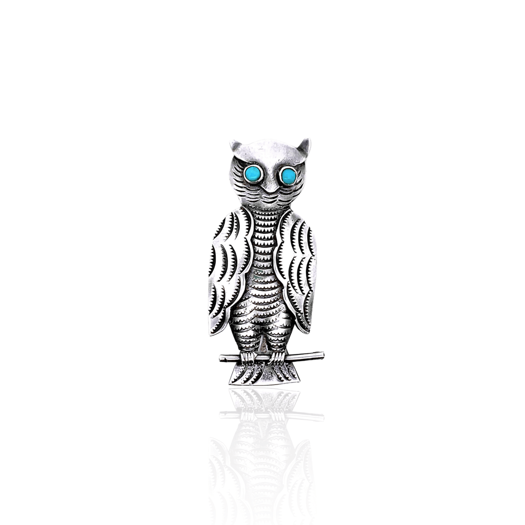 Estate Sterling Silver Turquoise Cabochon Vintage Owl  Brooch