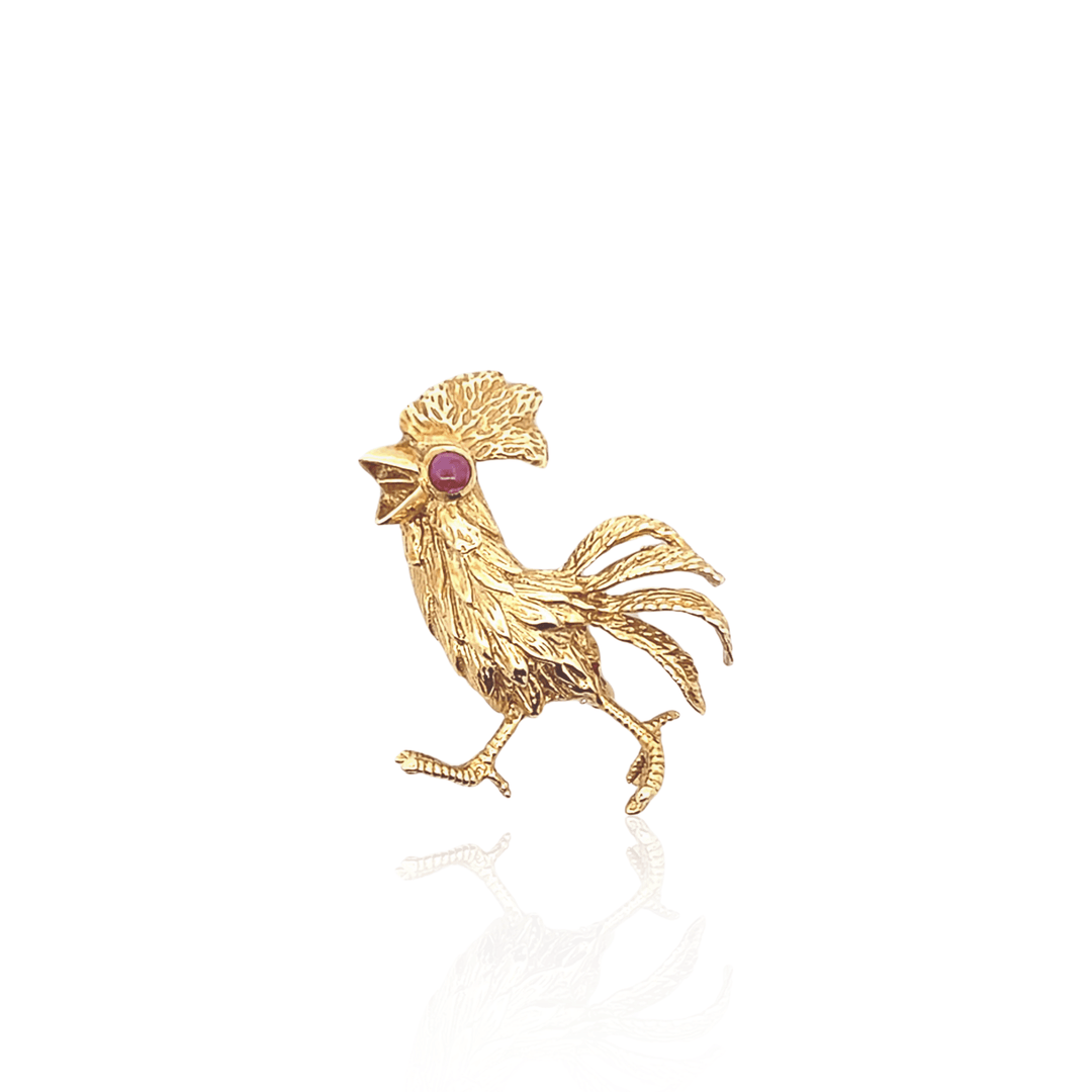 Estate 18K Yellow Gold 0.25CTW Vintage Ruby Rooster Brooch