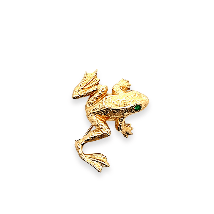 Estate 14K Yellow Gold 0.10CTW Vintage Emerald Frog Brooch