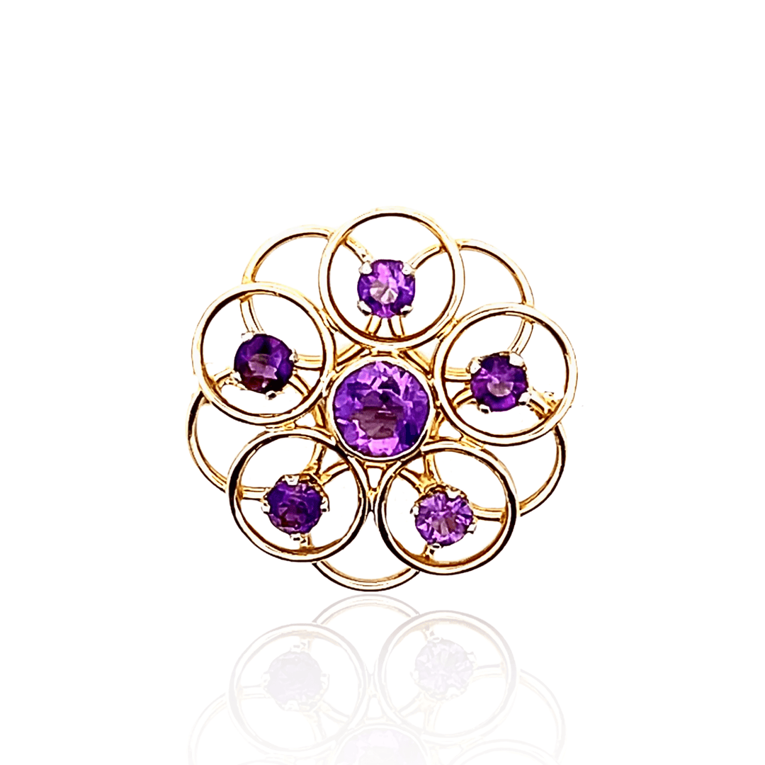 Estate 10K Yellow Gold 8.77CTW Antique Amethyst Open Circles Brooch