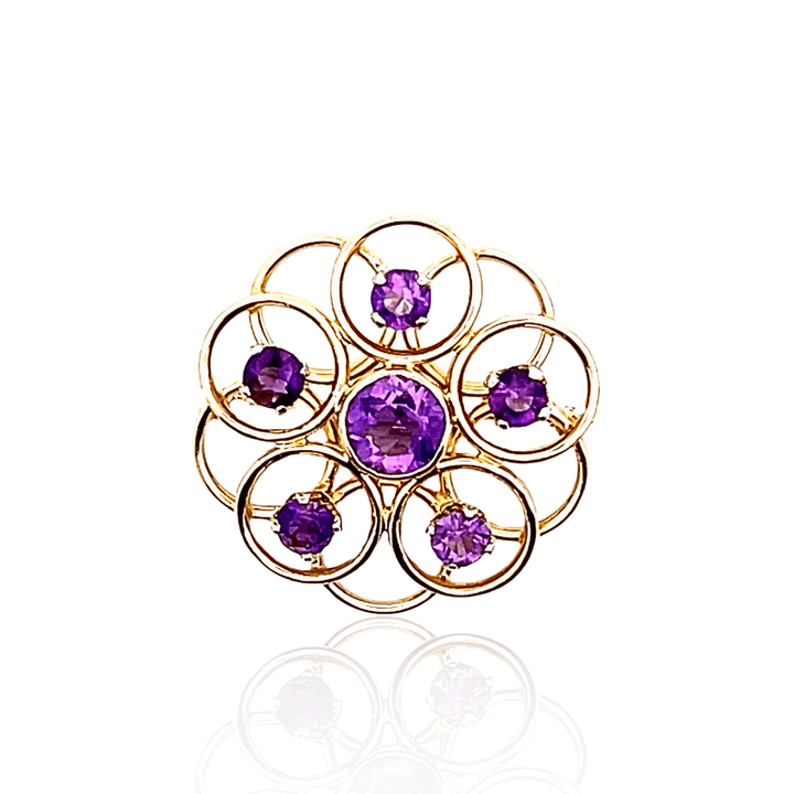 Estate 10K Yellow Gold 8.77CTW Antique Amethyst Open Circles Brooch