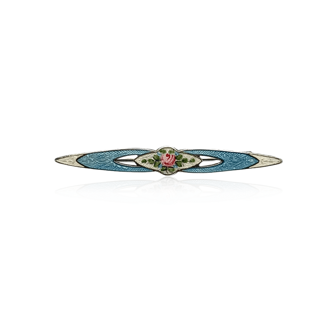 Estate Sterling Silver & Enamel Guilloche Art Deco Floral Brooch