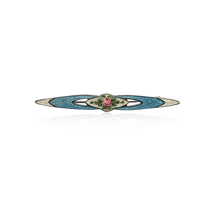 Estate Sterling Silver & Enamel Guilloche Art Deco Floral Brooch