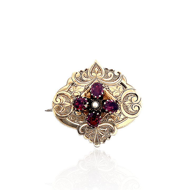 Estate 10K Yellow Gold Antique Victorian Rhodolite Garnet & Seed Pearl Brooch