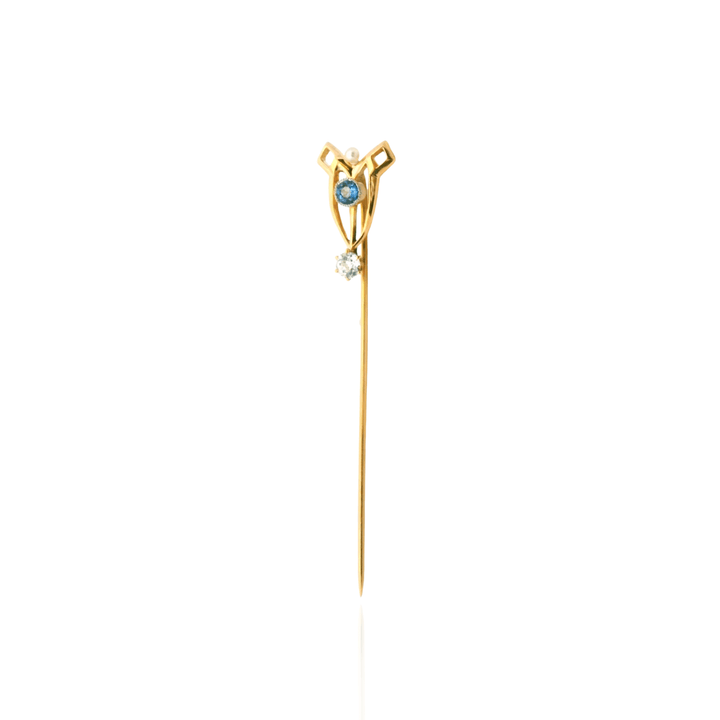 Estate 14K Yellow Gold 0.43CTW Blue Sapphire & Pearl Antique Stick Pin