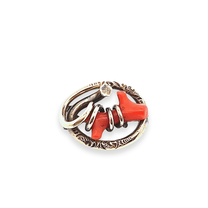 Estate 10K Yellow Gold Antique Victorian Coral Branch Good Luck Pin